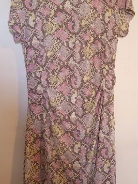 Nine West Women's Short Sleeve Multicolor Snake Print Ruched Dress Bodycon Large